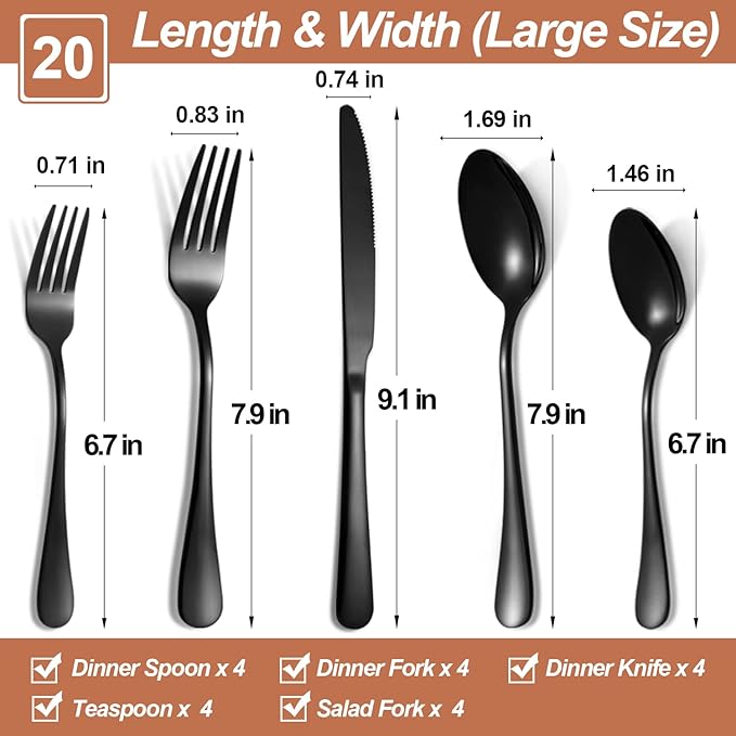 20 Pcs Black Silverware Set for 4, Food Grade Stainless Steel Flatware Set, Eating Utensils Sets Include Fork/Knife/Spoon, Reusable Cutlery Set for Home Kitchen, Dishwasher Safe, Round Edge