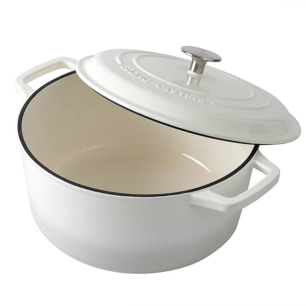 EDGING CASTING Enameled Cast Iron Dutch Oven Pot With Lid, Dutch Oven for Sourdough Bread Baking Round Pot Dule Handle, 7.5 Quart, White