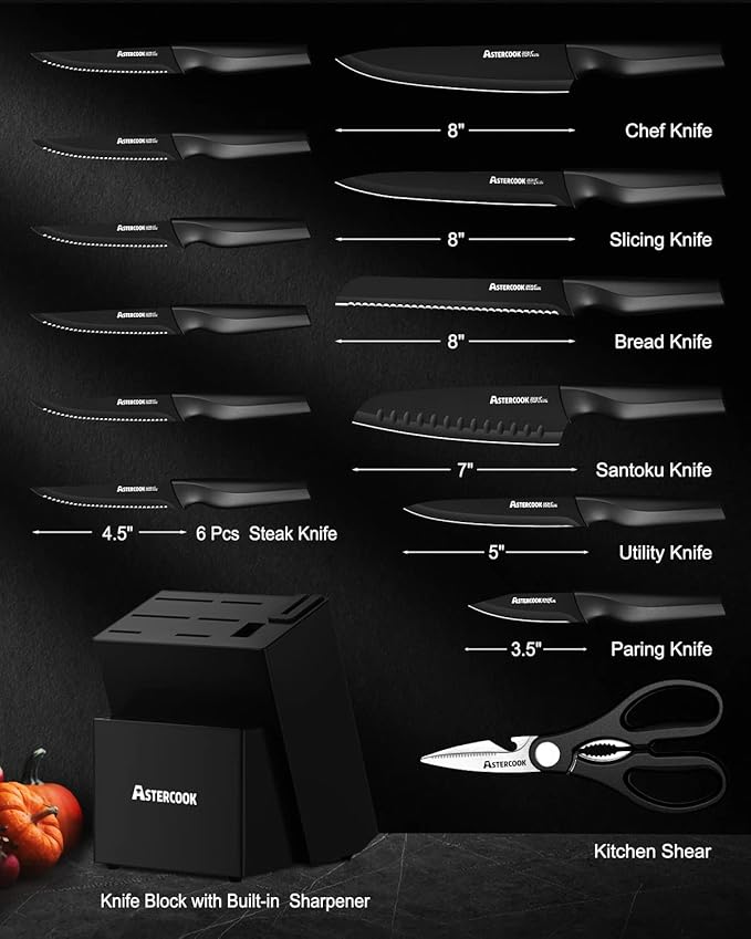 Astercook 15 Pieces Kitchen Knife Block Set with Sharpener, Black