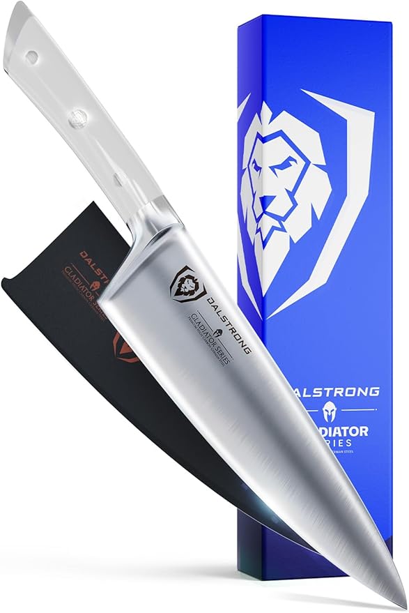 Dalstrong Chef Knife - 8 inch Blade - Forged HC German Steel Chef's Knife - Full Tang - Glacial White ABS Handle - Gladiator Series - Razor Sharp Kitchen - Professional - Sheath - NSF Certified