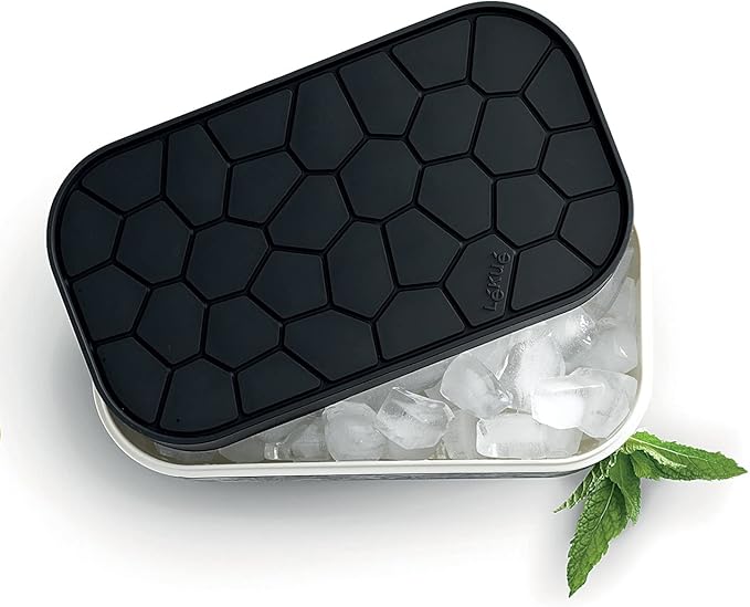 Lékué Ice Box | Black | Ice Cube Tray For Freezer With Lid & Bin | Made With 100 Percent Platinum Silicone | Elegant And Retro Style Ice Cubes | For Cocktails, Ice Tea & Coffee And More |