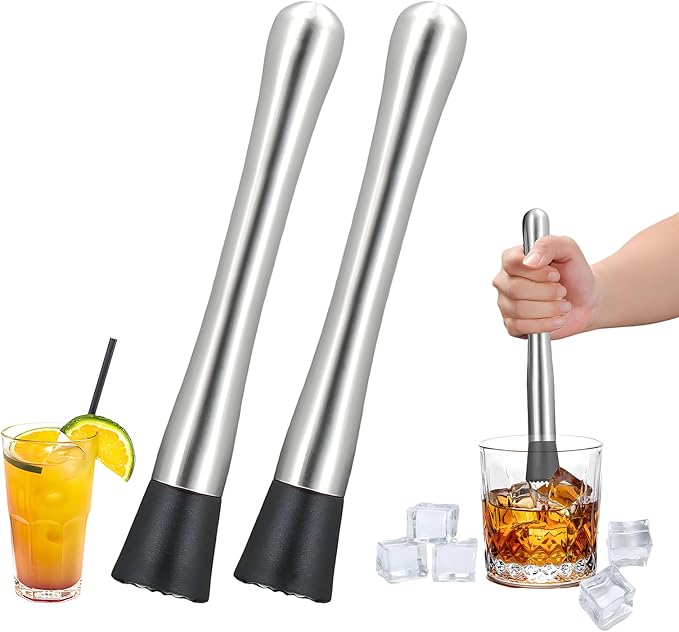 2 PCS Muddler for Cocktails,8" Stainless Steel Cocktail Muddler for Lemonade, Lemon Smasher Bartender Accessories, Crushes Ice,Fruits & Herbs, Bartender Tool for Home,Bar Use,Lemonade stand supplies