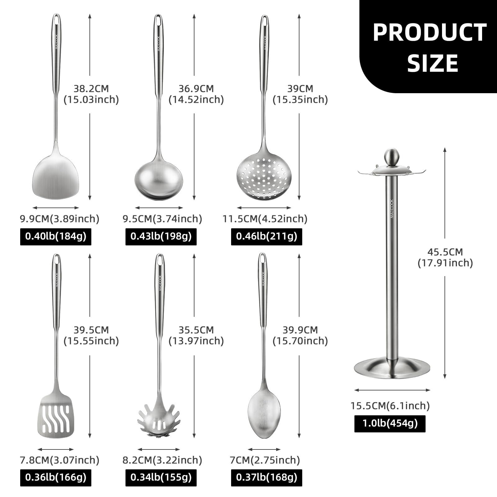 MAXCOOK 18/8 Stainless Steel Cooking Utensils set, 7 Pcs, Dishwasher Safe