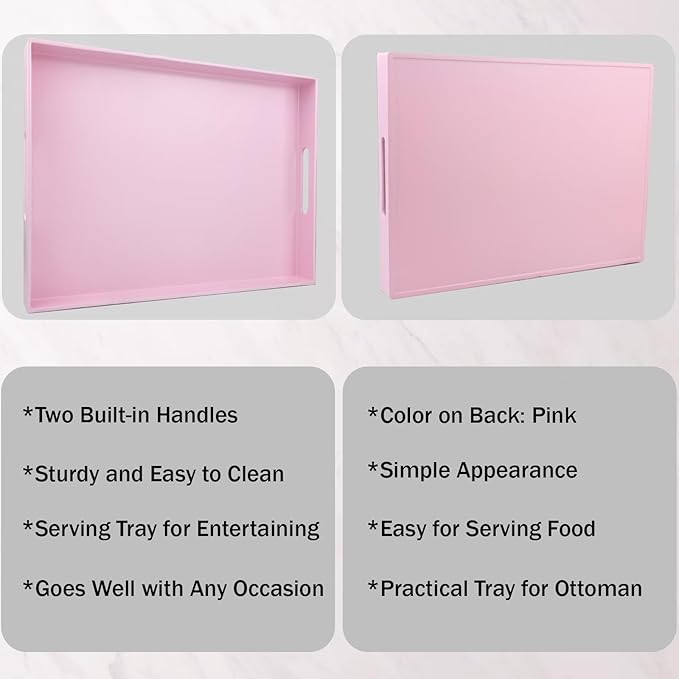 SforGUVA Pink Serving Tray for Coffee Table, Rectangular Plastic Decorative Tray with Handles for Entertaining, Outdoor Patio, Living Room, Ottoman, Bathroom Counter, 11.8”*15.7”*1.6”