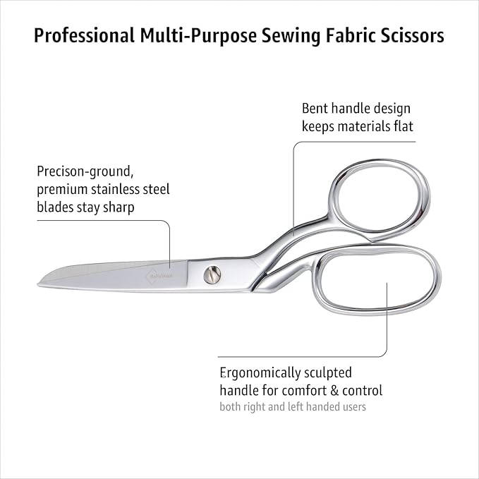 BoFuYuan Professional Stainless Steel Fabric Scissors 8 Inch Chrome Silver