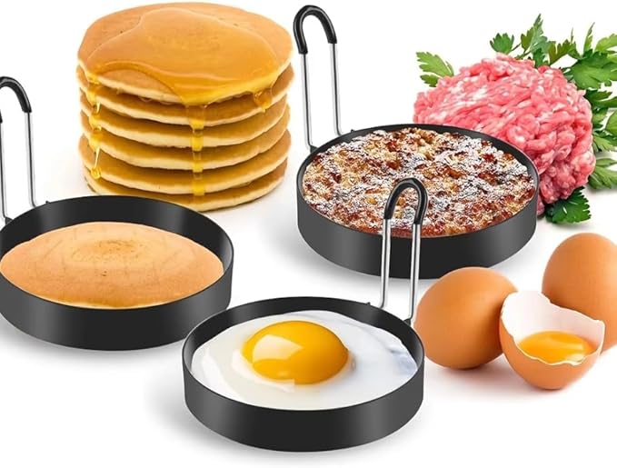 3.5" Egg Rings Set of 4 with Silicone Handle, Large Ring for Frying Eggs, Round Mold for English Muffins - Griddle Cooking Shaper for Indoor Camping Breakfast Sandwiches w/Silicone Oil Brush