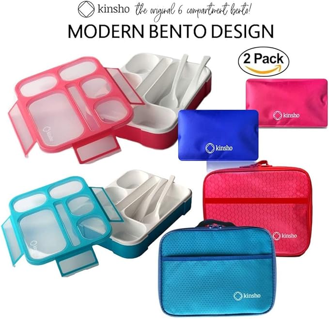 kinsho Lunch Boxes for Kids Boys Girls - Bento Box Set of 2, with Insulated Bag & Ice Pack, 6 Compartment Leak Proof Container, BPA-Free, Microwave Safe, Ideal for School & Work, Blue & Pink