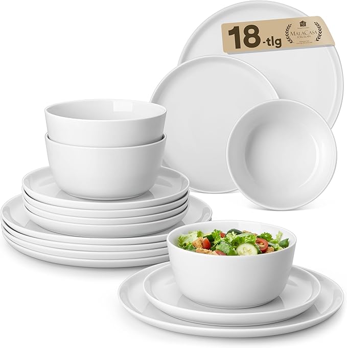 MALACASA 18-Piece Dinnerware Set for 6, White Porcelain Dishes