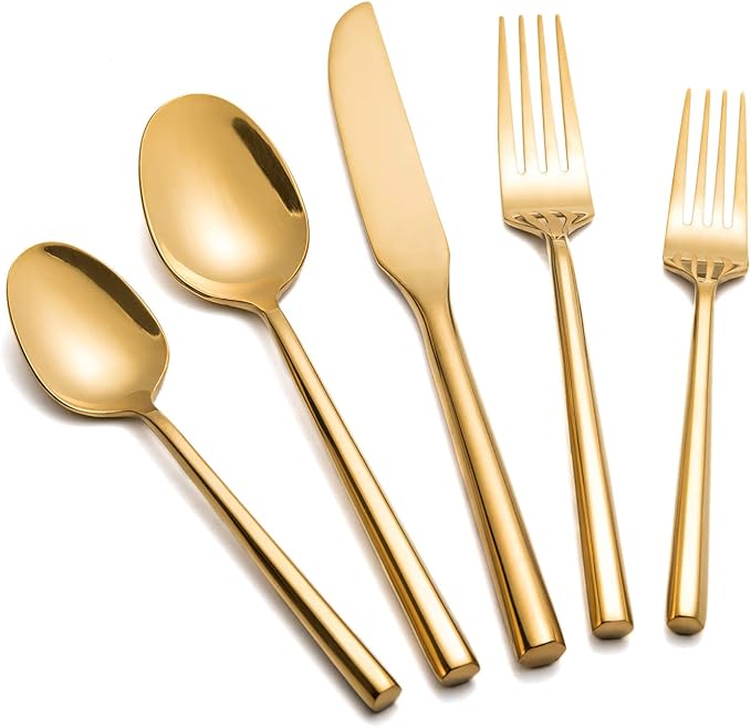 Kelenfer Gold Silverware Set Flatware Set Stainless Steel Cutlery Set 40 Pieces Hexagon Handle Home Kitchen Daily Use Service for 8