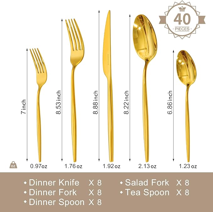 18/10 Silverware Set for 8, 40 Piece Gold Stainless Steel Flatware Cutlery
