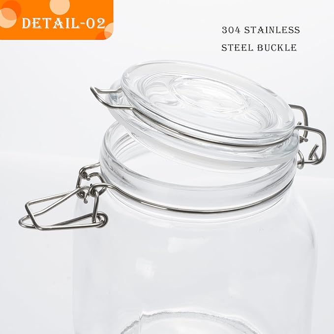 LOOIOOJ 34oz Square Glass Food Storage Jars with Airtight Clamp Lids 3 Pack