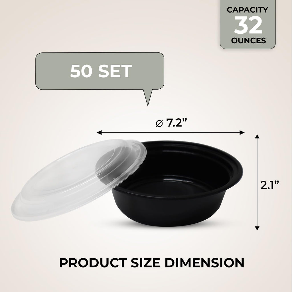 Klex 32 Oz, 50 Sets Meal Prep Containers with Airtight Lids, BPA Free, Reusable Plastic Food Container, 32 oz, Round, Black/Clear, 50 Sets