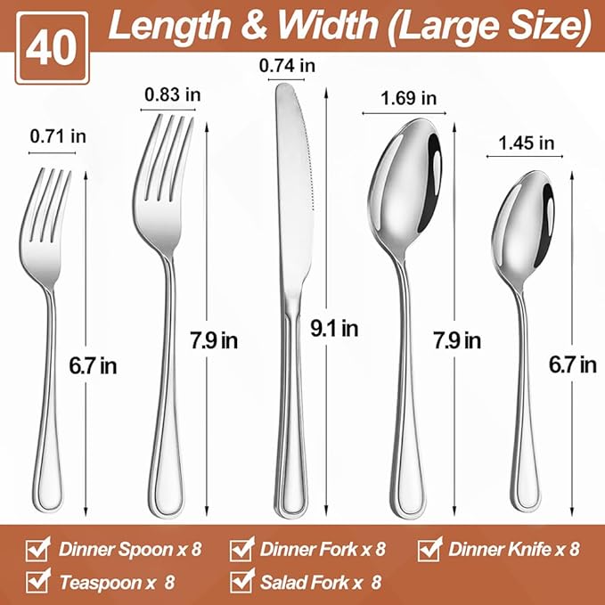 40 Pcs Silverware Set for 8, Food Grade Stainless Steel Flatware Set, Eating Utensils Sets Include Fork/Knife/Spoon, Reusable Cutlery Set for Home Kitchen, Dishwasher Safe, Double-stripe