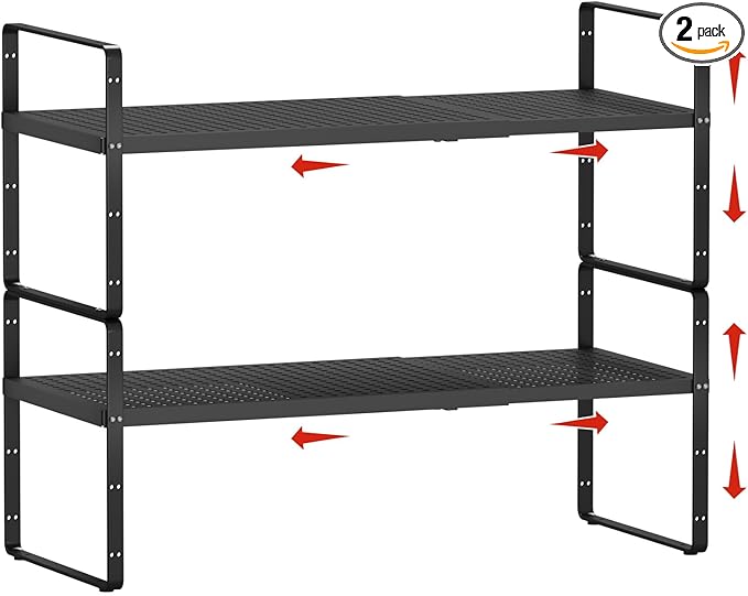 jkxoo 2Pcs Expandable Cabinet Countertop Shelves, 16.5''-27''L, Black