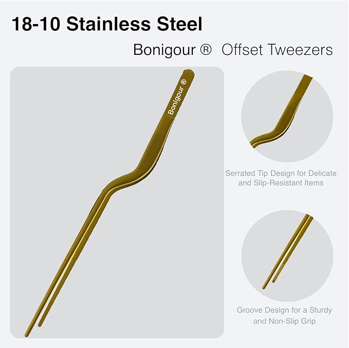 Bonigour 8 Inch Precision Offset Tweezers, Kitchen Culinary Stainless Steel Tongs, Curved Kitchen Cooking Multi-function Chef Precision Tweezer Tongs for Plating, Food Decorating and ect (Gold)