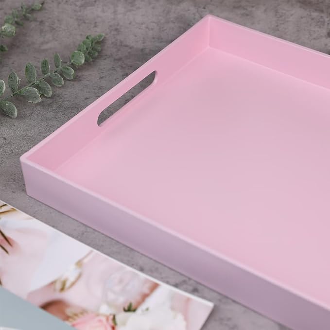 SforGUVA Pink Serving Tray for Coffee Table, Rectangular Plastic Decorative Tray with Handles for Entertaining, Outdoor Patio, Living Room, Ottoman, Bathroom Counter, 11.8”*15.7”*1.6”