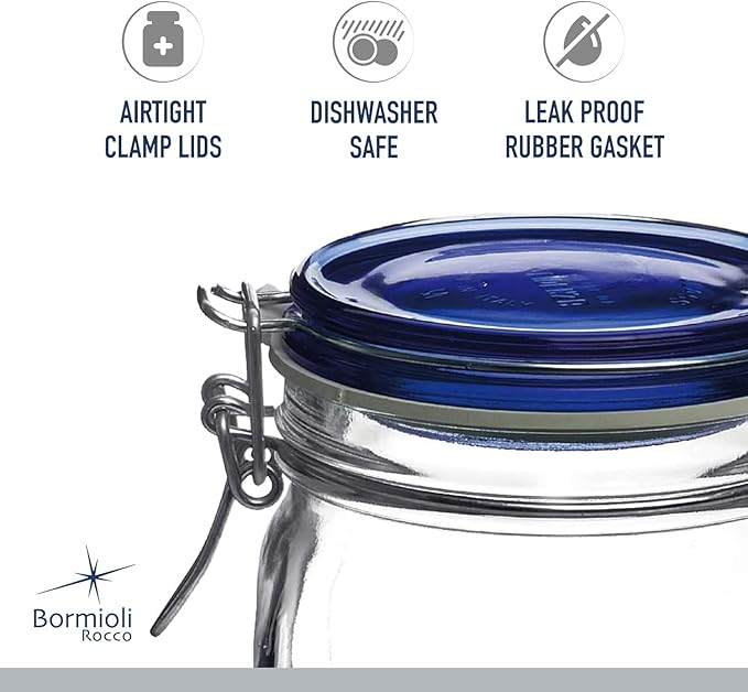 Bormioli Rocco Fido Glass Jar, Blue Lid - Food Storage Container with Airtight Seal - 17.5 oz Clamp Lock Canister for Dry Foods, Appetizers & Desserts - Italian Glass, Dishwasher Safe
