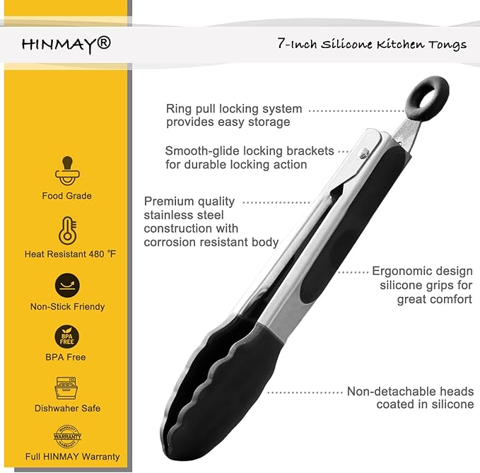 HINMAY Small Silicone Tongs 7-Inch Mini Serving Tongs, Set of 3 (Black Gray White)