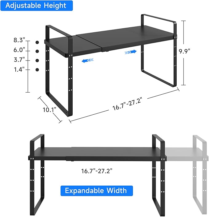 KIKIBRO Expandable Cabinet Shelf Organizer, Stackable Kitchen Pantry Counter Storage, Adjustable Closet Cupboard Stand Rack Risers Spice Organization 80LBS Heavy Duty Black Large 2 Pack