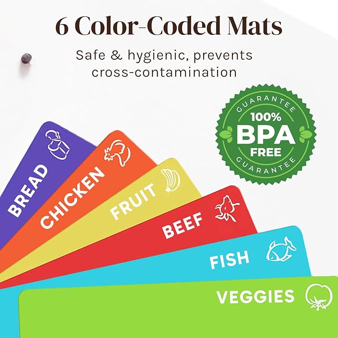 Cooler Kitchen Bamboo Wood Cutting Board Set with 6 Color Coded Flexible Plastic Chopping Mats with Food Icons, Wooden Cutting Boards for Kitchen, Wooden Chopping Board Non Toxic Dishwasher Safe