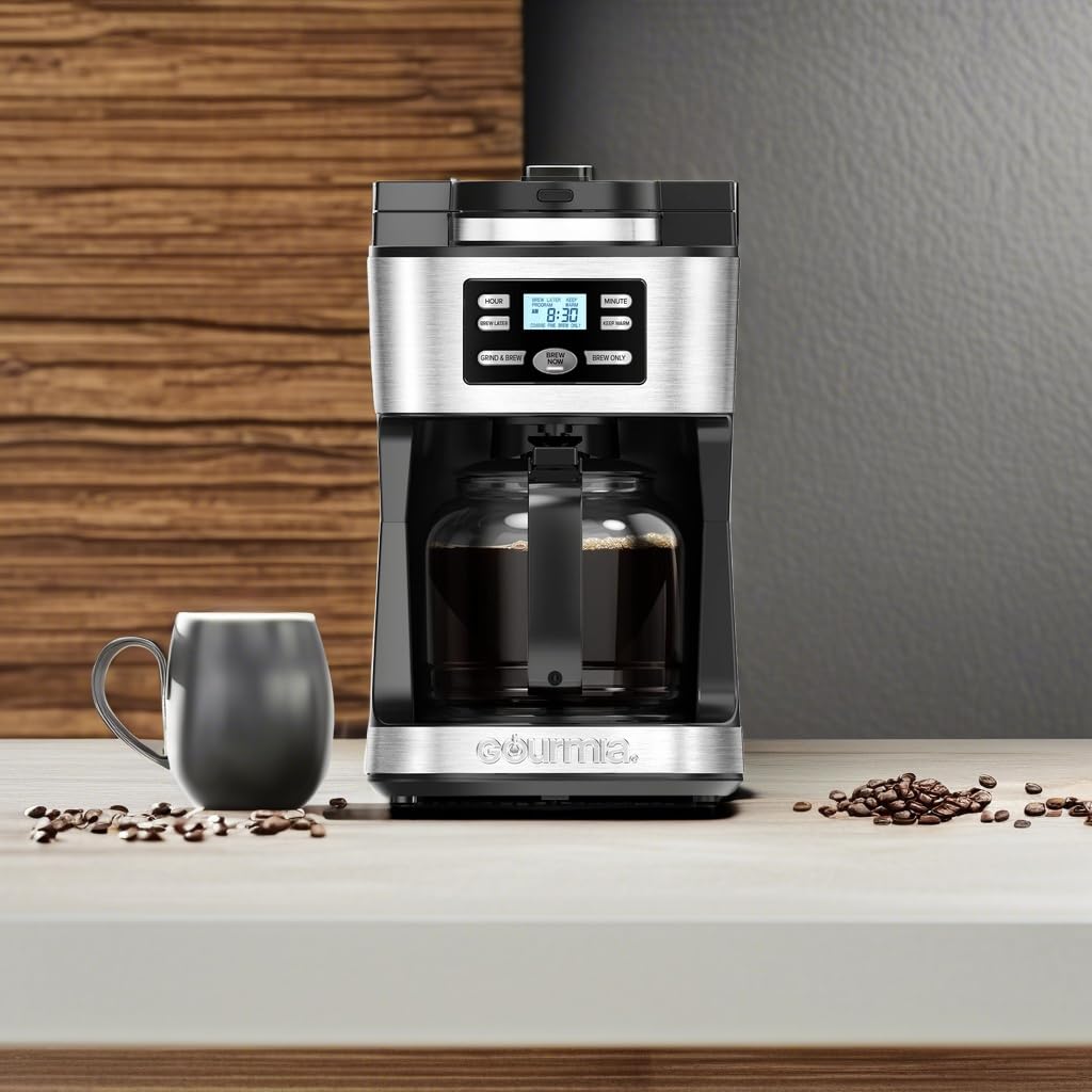 Gourmia Digital Coffee Machine 12Cup FullyAutomatic Large coffee maker integrated CoffeeGrinder,Pot,stainless steel mesh coffee filter 4Hr KeepWarm and Freshness Indicator GCM3180,Black and Silver