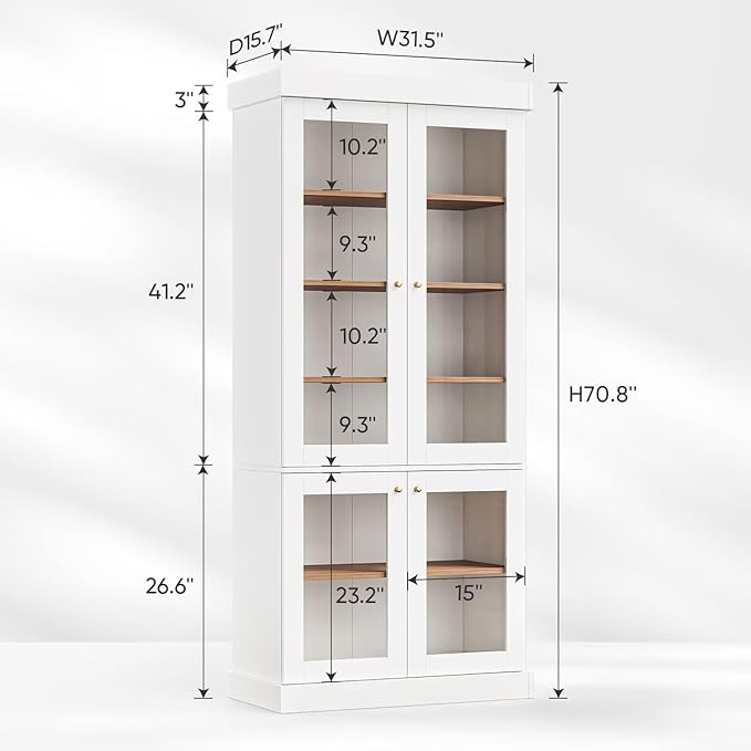ivaniti 70.8" Tall Farmhouse Kitchen Pantry Cabinet with Glass Doors, Modular Storage Cabinet with 6-Tier Adjustable Shelves, White, Wooden Hutch for Kitchen, Living Room, Set of 4
