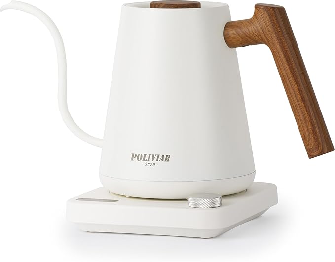 POLIVIAR Electric Gooseneck Kettle, Wood Pattern Handle, White