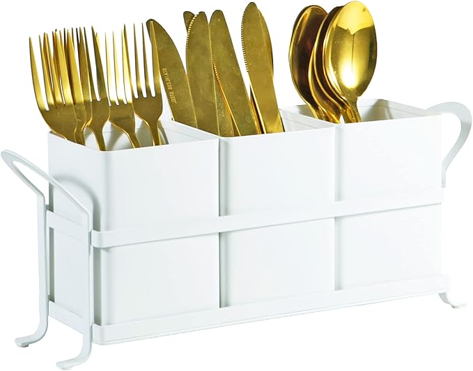 NelyBet White Metal Utensil Caddy, 3 Compartments, Portable Design, Perfect for Countertop, Outdoor, and Camping
