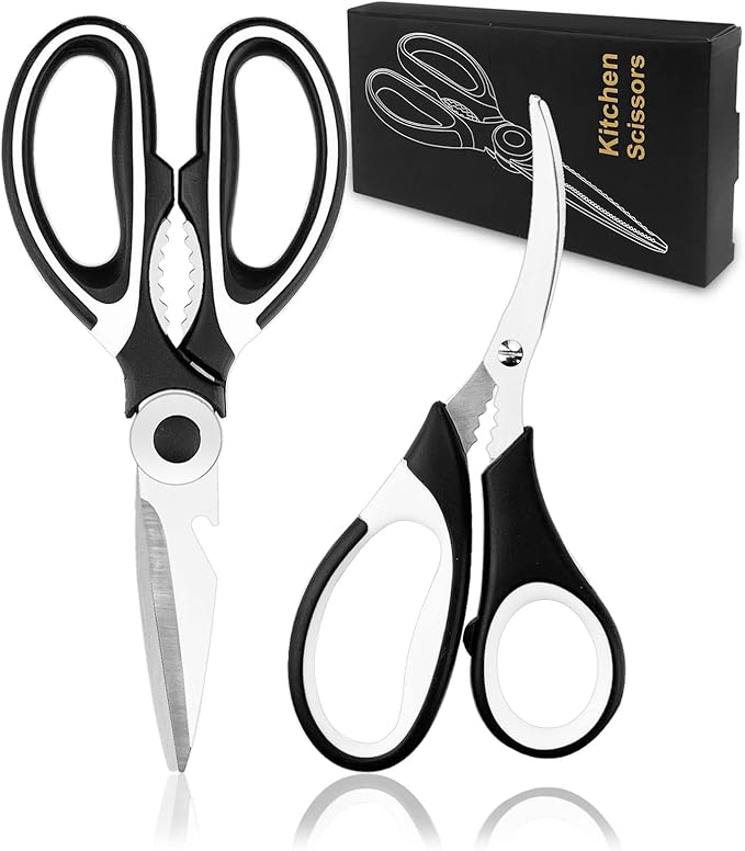 Kitchen Shears 2 Pack Heavy Duty Scissors for Food Poultry Meat Vegetables Fish, Multi‑Purpose Stainless Steel Kitchen Scissors with Seafood Shears, Bottle Opener & Nut Cracker