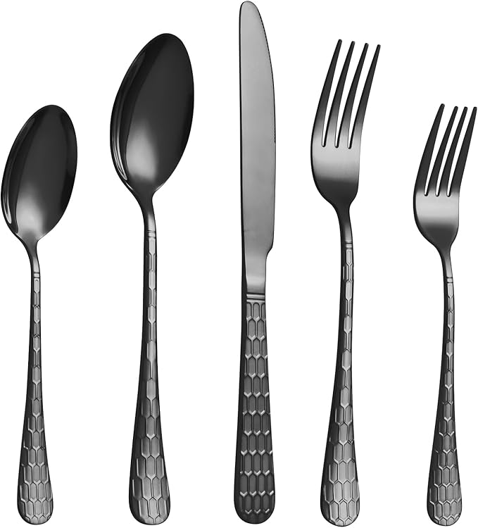 40 Pcs Black Silverware Set for 8, Food Grade Stainless Steel Flatware Set, Eating Utensils Sets Include Fork/Knife/Spoon, Reusable Cutlery Set for Home Kitchen, Dishwasher Safe, Round Hammered