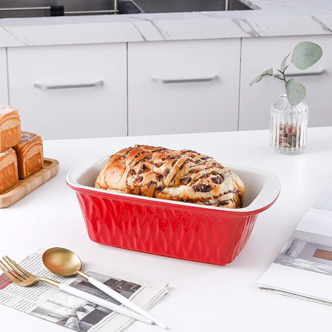 KOOV Ceramic Loaf Pan, Bread Baking Pan, 9 x 5 inch Baking Dish, Rectangular Bakeware for Cooking, Home Kitchen, Texture Series(Red)