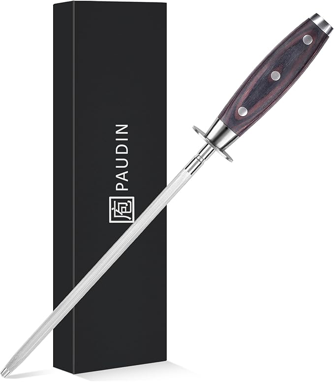 PAUDIN Honing Rod, Knife Sharpener Rod 10 inch, Professional Kitchen Knife Sharpener, High Carbon Knife Sharpening Steel with Ergonomic Pakkawood Handle, Honing Steel for All Chef Knives