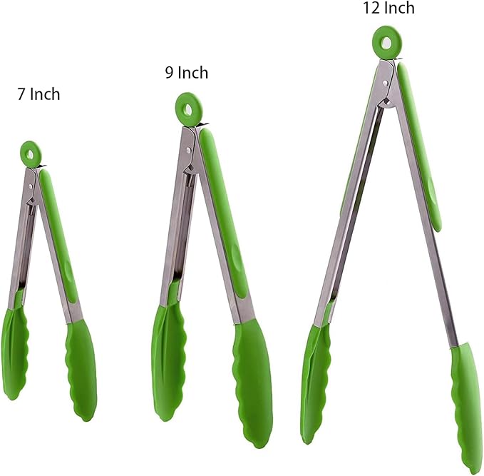 AMZDIAI Kitchen Tongs with Silicone Tips,Tongs for Cooking Heat Resistant 600 Degrees Stainless Steel Locking Tongs,Grass Green Set of 3-7", 9" and 12"