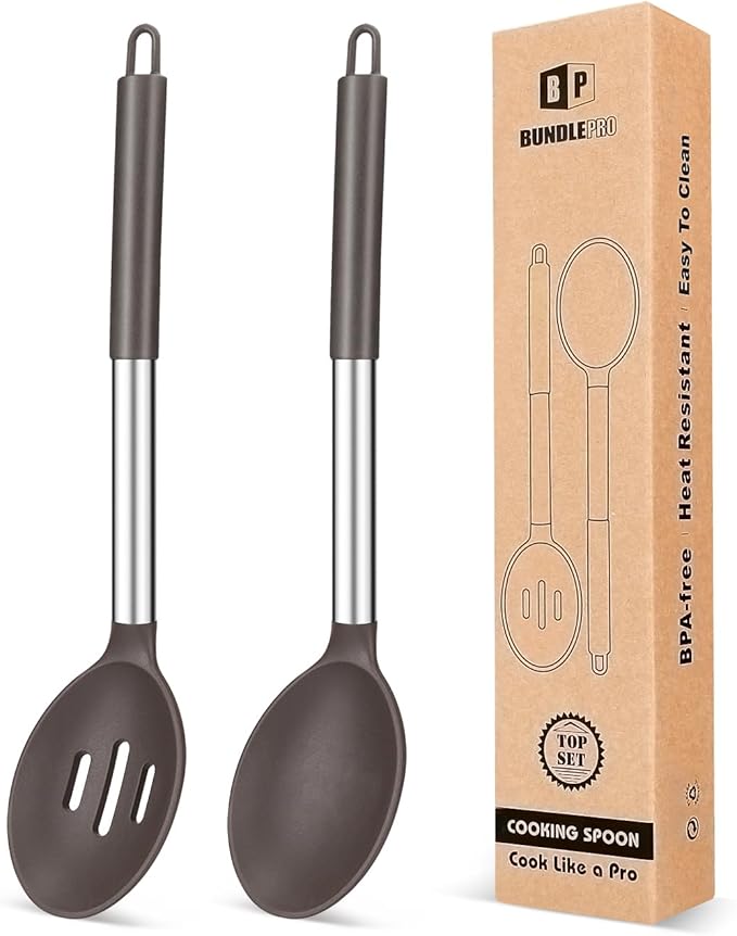 BUNDLEPRO Silicone Cooking Spoons for Non Stick Cookware, 2 Pack, Chocolate
