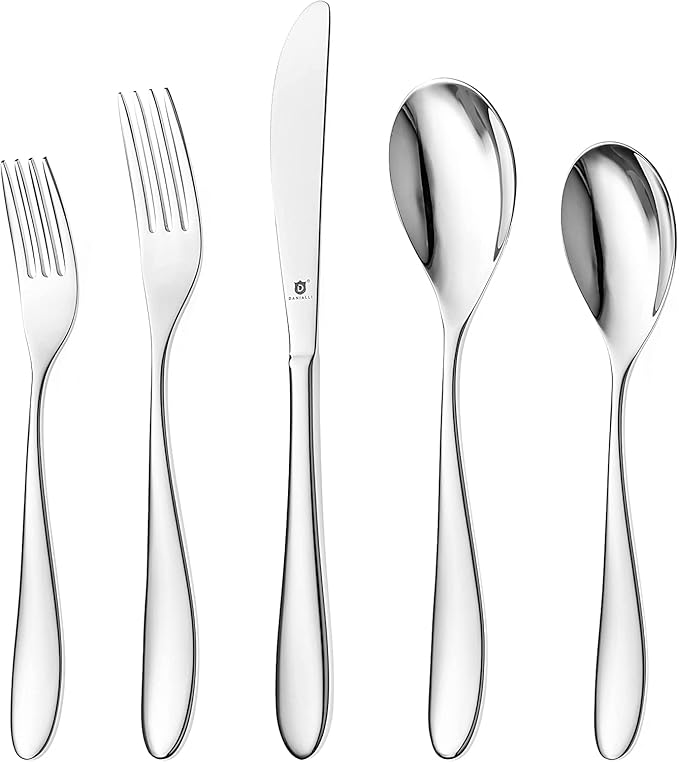 DANIALLI Silverware Set for 16 | 18/10 Stainless Steel Flatware Set | Mirror Finish, Heavy-Duty, Dishwasher Safe, Elegant & Durable, Built to Last (80-Piece, Marettimo)