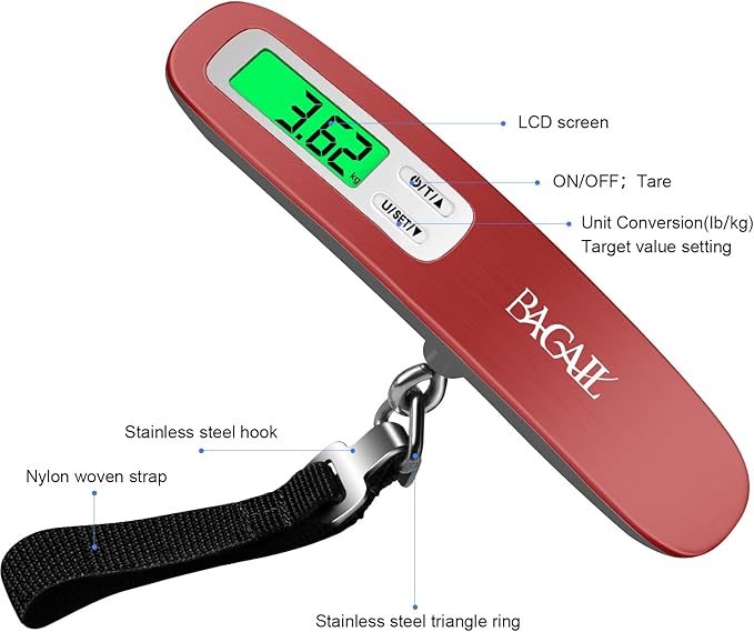 BAGAIL Digital Luggage Scale,110lbs Hanging Baggage Scale with Backlit LCD Display,Portable Suitcase Weighing Scale,Travel Luggage Weight Scale with Hook,Strong Straps for Travelers(Bright Red)