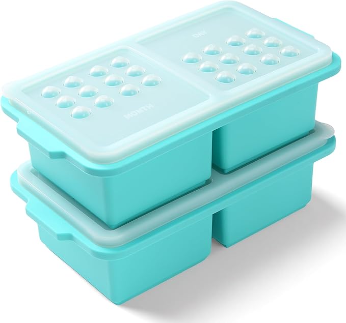 EuChoiz 2 Pack Silicone Freezer Tray Cubes 2 Cup with Date Mark Lids for Freezing Food Leftovers Sauces Portion and Lasagna Broth, Soup Freezer Molds for Meal Prepping Thick Enough