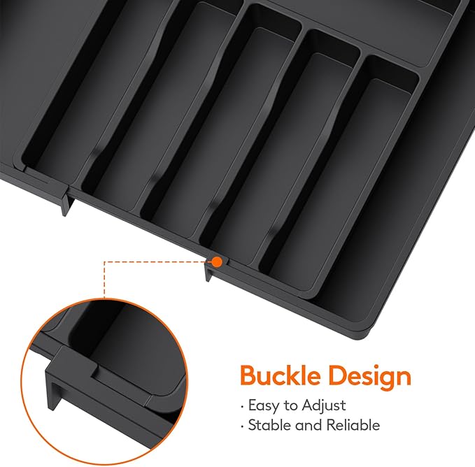 Lifewit Extra Large Silverware Drawer Organizer, Expandable Utensil Tray for Kitchen, BPA Free Flatware and Cutlery Holder, Adjustable Plastic Storage for Spoons Forks Knives, 13-22 x 15, Black
