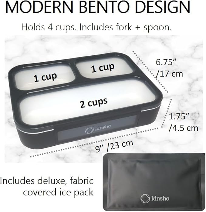 kinsho Bento Lunch Box, Ice Pack Insulated Bag for Kids & Boys, Black & Red