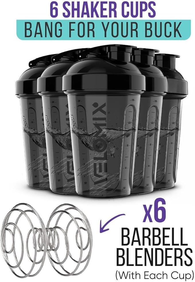 VELOMIX 6 Pack 20oz Protein Shaker Bottle for Protein Mixes, All in Black