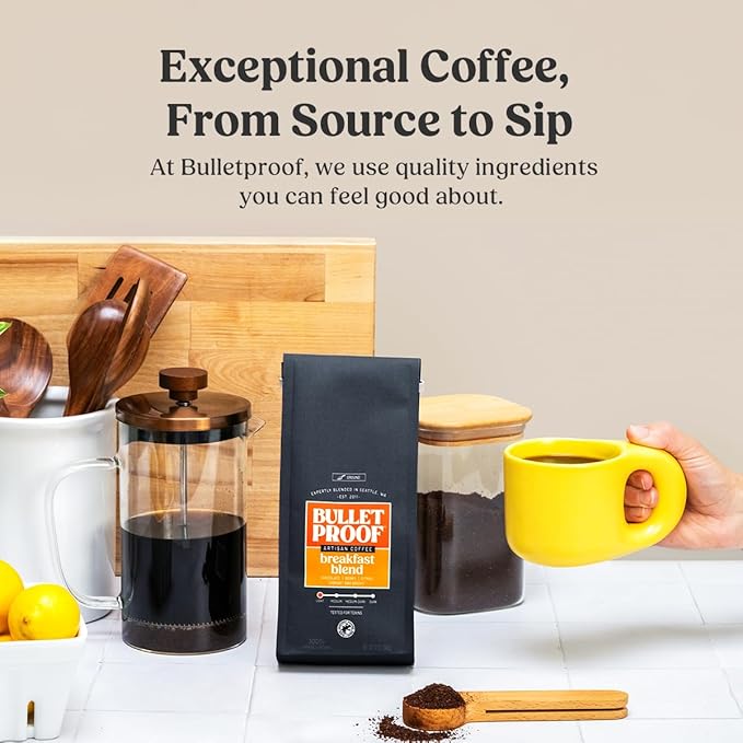 Bulletproof Breakfast Blend Light Roast Ground Coffee, 12 oz – Clean Coffee Tested for Toxins, Smooth Low-Bitter Taste, Notes of Chocolate, Orange & Berry, Keto & Fasting Friendly