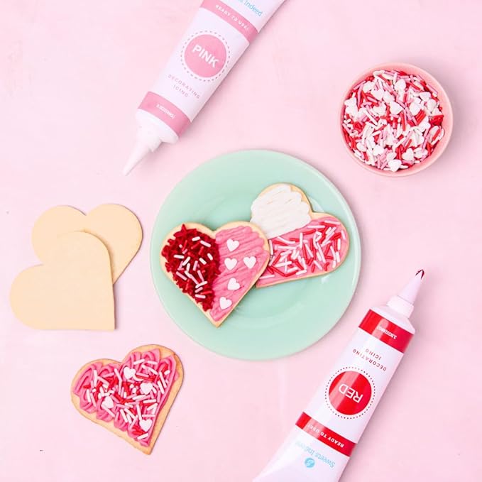 Sweets Indeed Valentines Day Frosting Decorating Set | Red White & Pink Frosting Tubes, Decorating Nozzles & Heart Jimmies Sprinkles | Baking Kit | 11.31 ounces