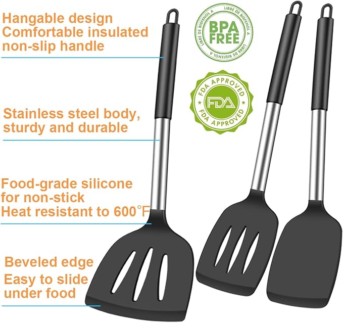 KLAQQED 3Pcs Silicone Spatula Set Heat Resistant Spatulas for Nonstick Cookware Fish Turner Plastic Spatulas Rubber Wok Spatula, Long Large Spatula Silicone Cooking Use Kitchen Utensils Set