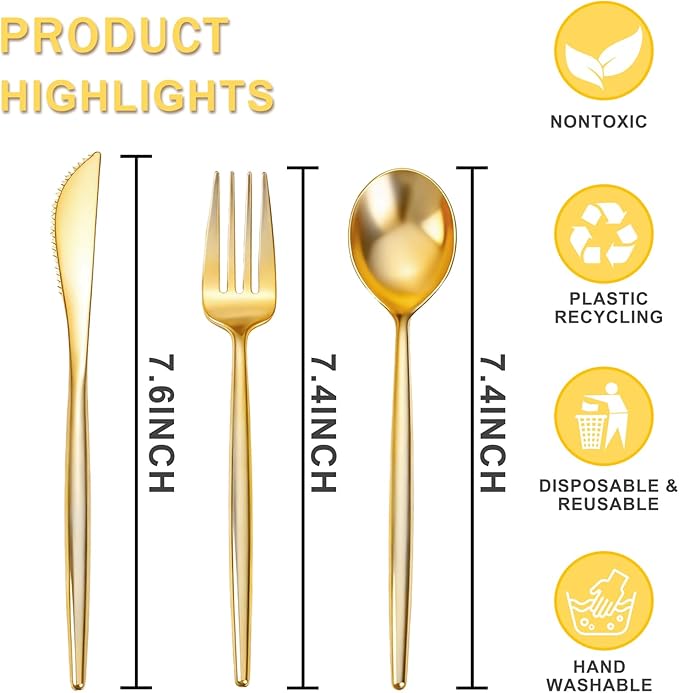 Rubtlamp 90Pcs Gold Plastic Silverware, Gold Disposable Utensils, Plastic Cutlery Include 30 Plastic Knives, 60 Forks and Spoons, Fancy Plastic Silverware Heavy Duty for Party