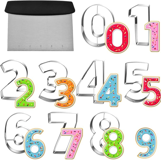 Auktosmn Large Number Cookie Cutter Set with Dough Scraper&Chopper-9 Piece-3.25 Inch-Number 0-8-Birthday Cookie Cutter Shape for Baking-Stainless Steel Kitchen Utensil