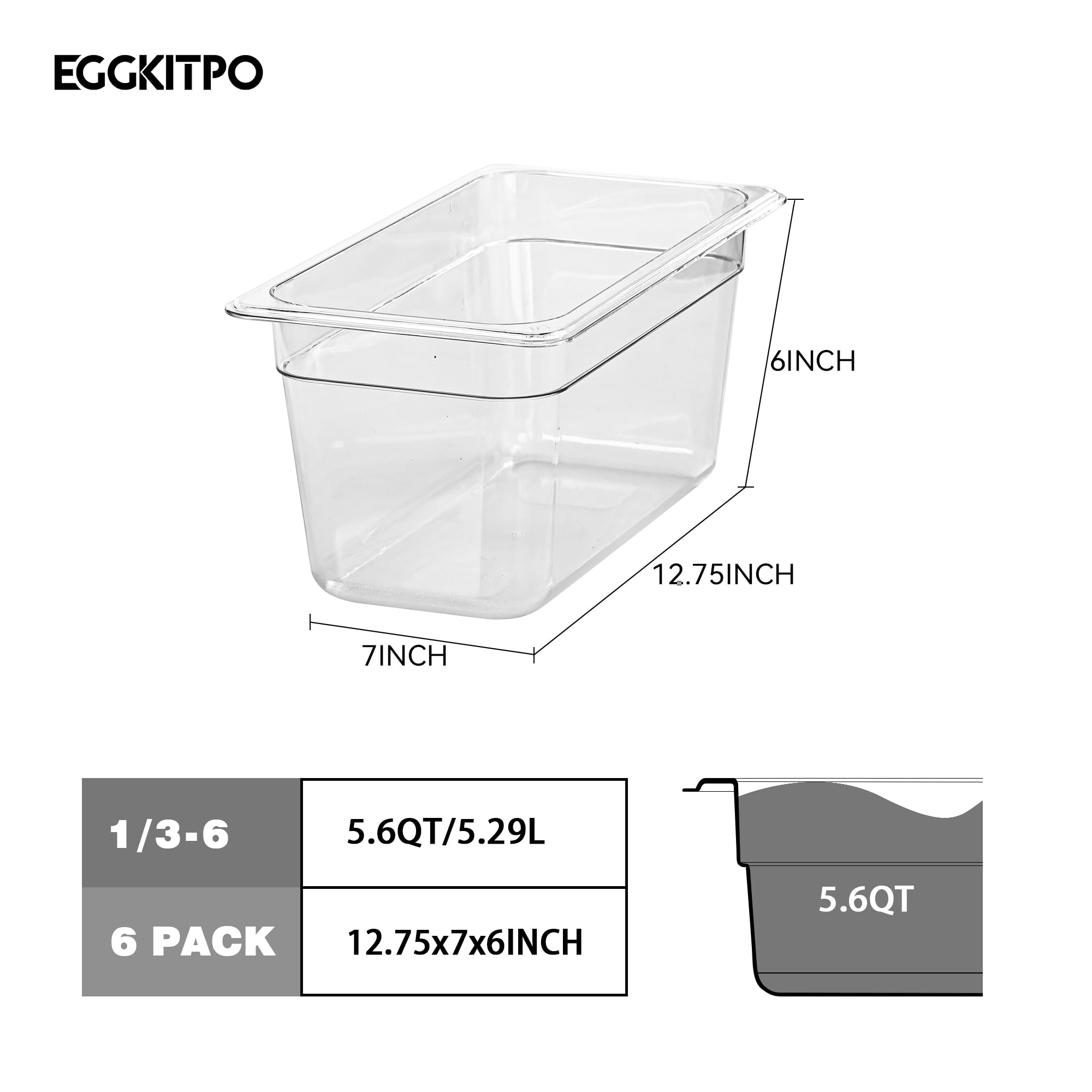 EGGKITPO 1/3 Size Food Containers 6 Pack 6 Inch Deep Pan Clear BPA free Polycarbonate Stackable Commercial Hotel Pan for Food Serving Freezer Safe