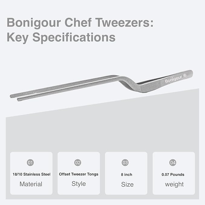 Bonigour 8 Inch Precision Offset Tweezers, Kitchen Culinary Stainless Steel Tongs, Curved Kitchen Cooking Multi-function Chef Precision Tweezer Tongs for Plating, Food Decorating and ect (Silver)