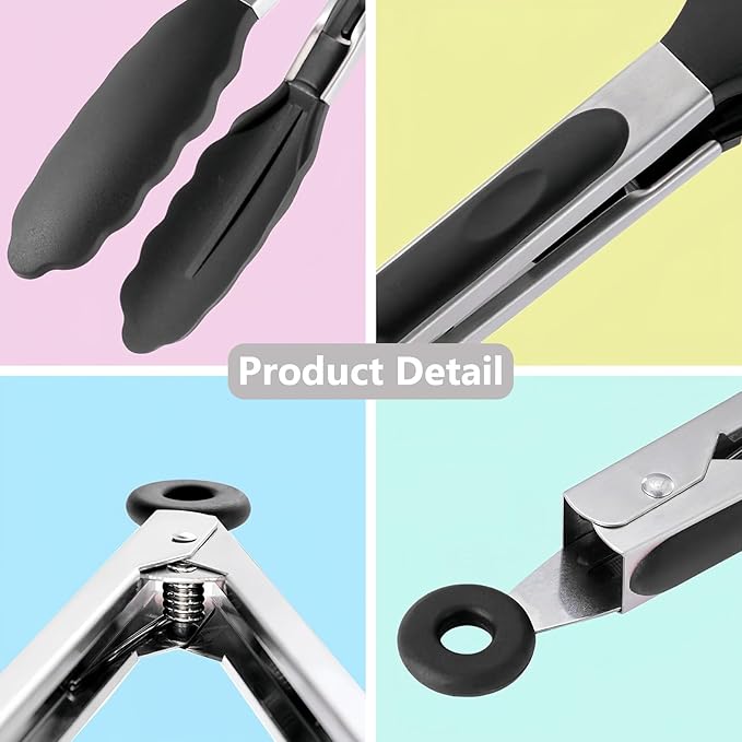IOCBYHZ Kitchen Tongs for Cooking with Non-Stick Silicone Tips, 600°F Heat Resistant Silicone Cooking Food Tong Set Heavy Duty Stainless Steel Handle for Baking Grilling BBQ Salad Serving, 9" and 12"