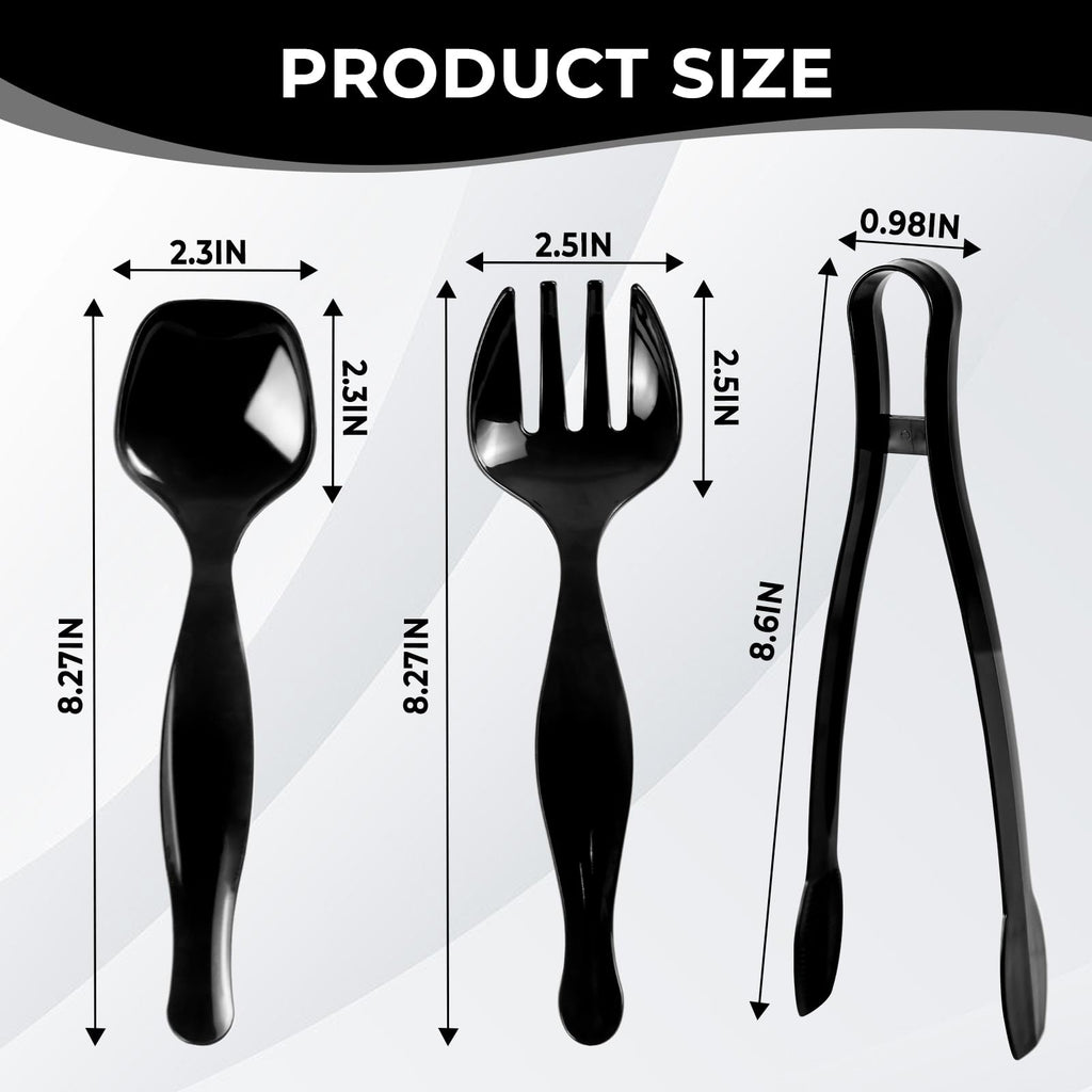 18 Count Plastic Serving Utensils Set, Disposable Serving Utensils for Catering Party Events, Including Black Plastic Spoons, Tongs and Forks (Black, 18pcs utensils)