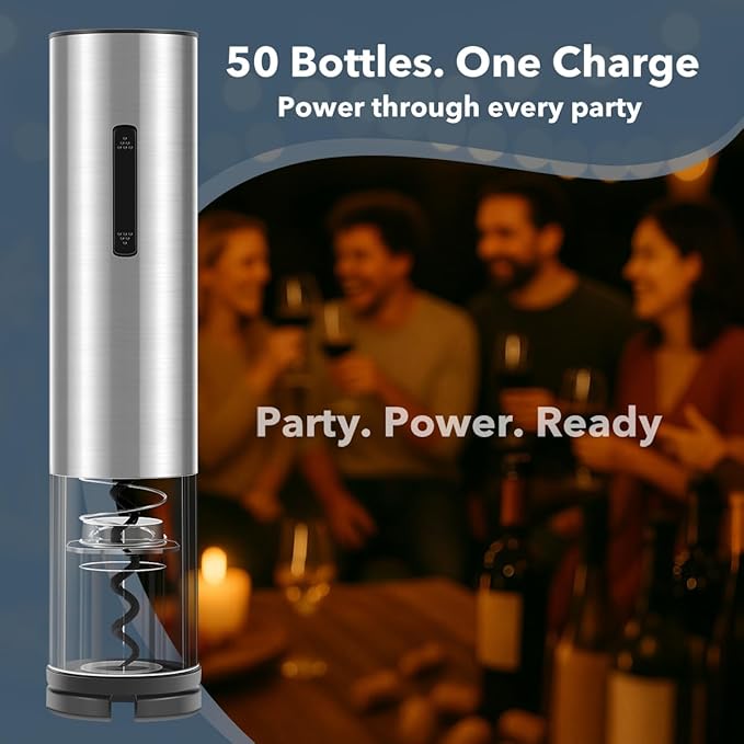QIKPCK Electric Wine Opener Rechargeable–USB-C Charging, Wine Opener Electric with Foil Cutter, Electric Wine Bottle Opener, Electric Corkscrew Wine Opener, Stainless Steel, Must-Have for Wine Lovers